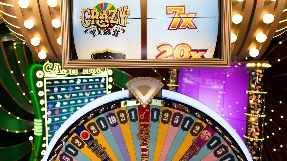 Live casino Crazy Time game virtual chips and stake adjustment screen